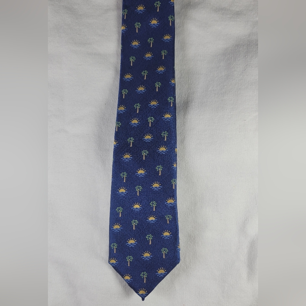 Blue Chaps Tie with Palm Tree and Sun Pattern 100% polyester